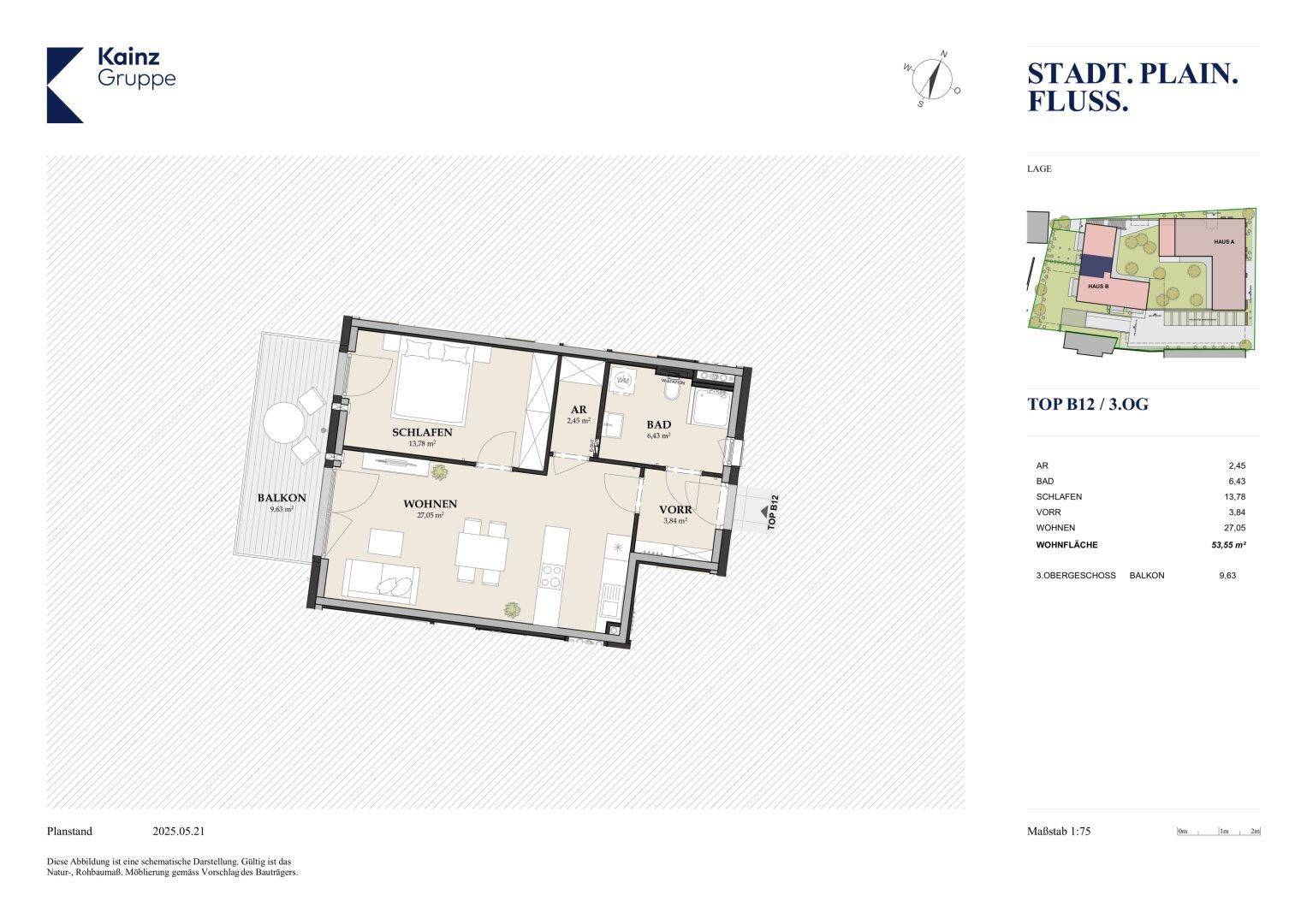 Grundriss einer Wohnung mit Schlafzimmer, Wohnbereich, Bad und Balkon.