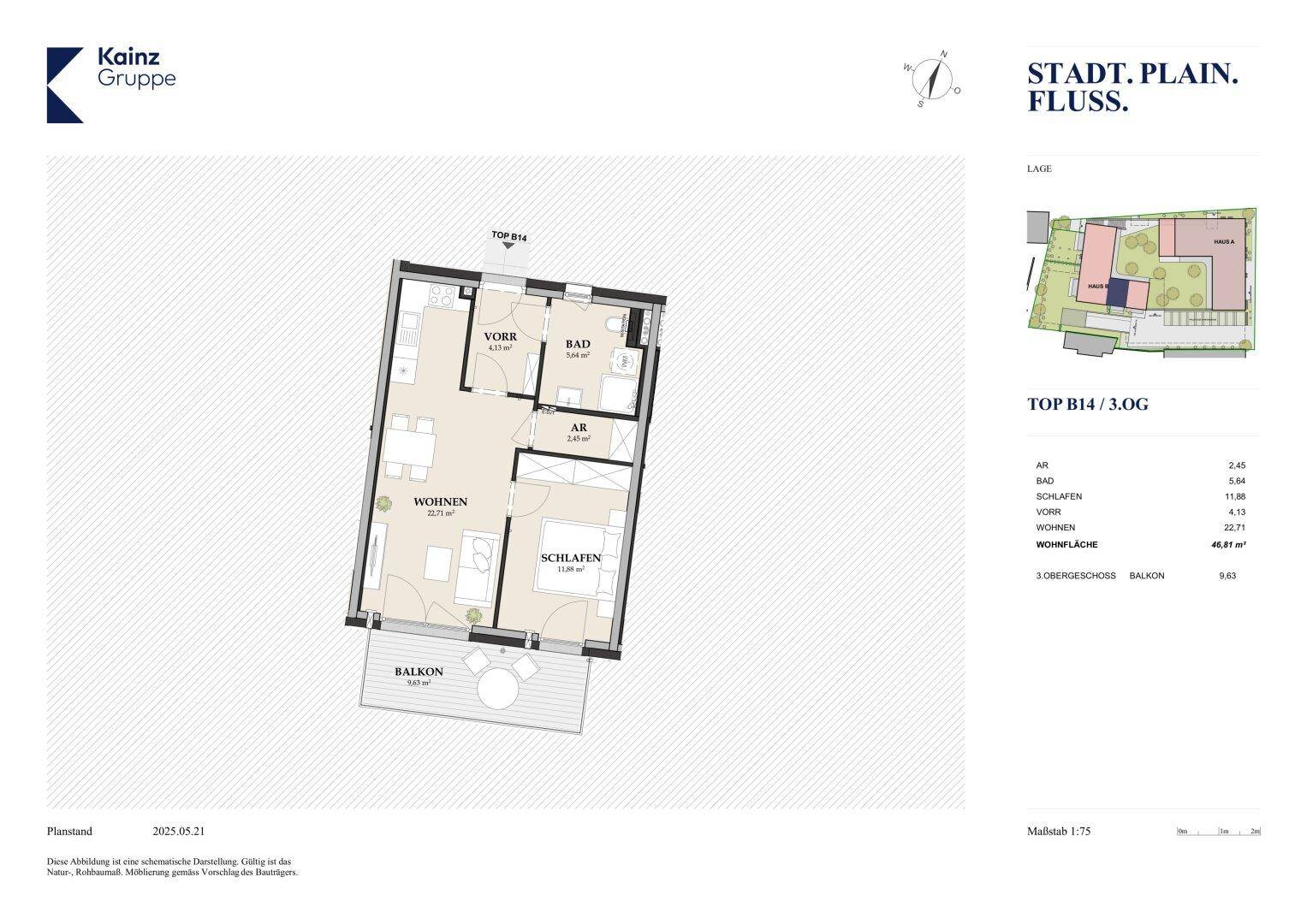 Detaillierter Grundriss einer Wohnung mit Balkon, Schlafzimmer und offenem Wohnbereich.
