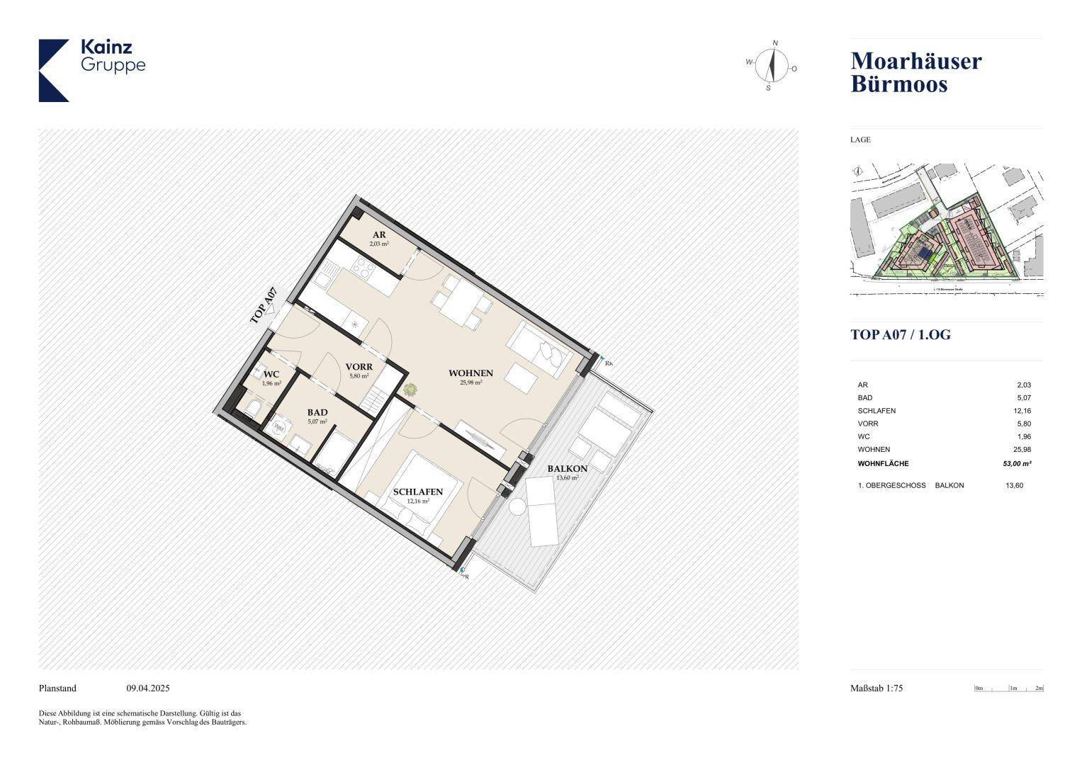 Grundriss der Wohnung TOP A07 mit Schlafzimmer, Wohnbereich, Bad und Balkon.