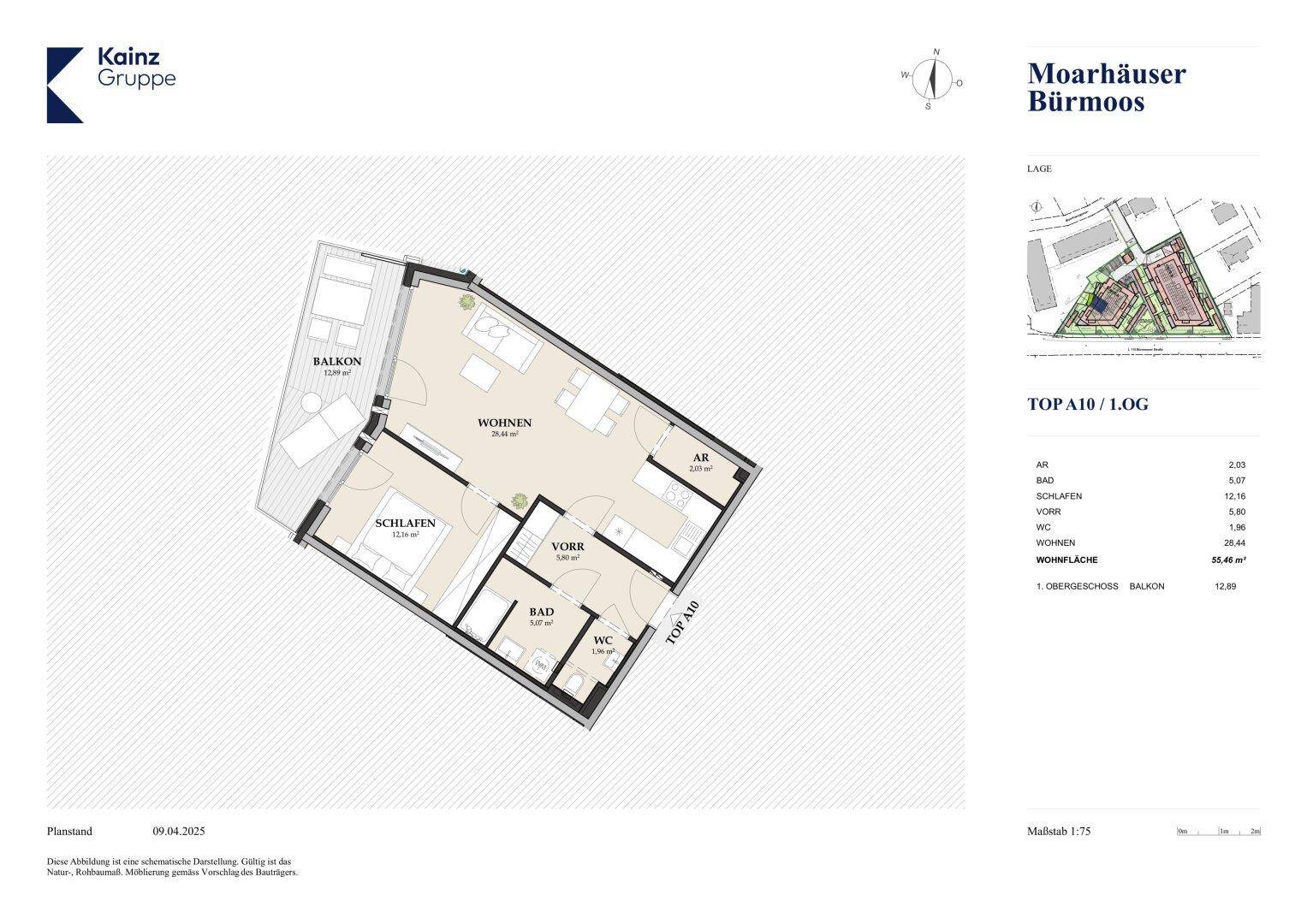 Grundriss einer Wohnung mit Wohn-, Schlafzimmer, Bad, WC und Balkon.