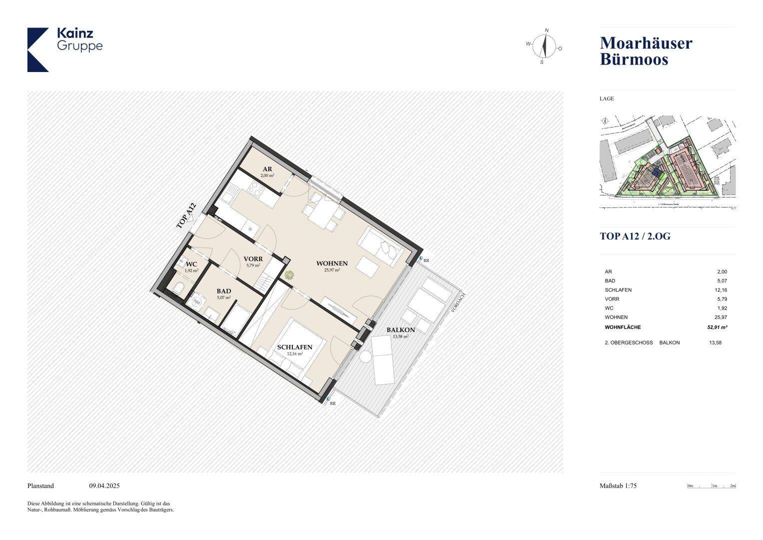 Grundriss einer Wohnung mit zwei Zimmern, Bad, WC und Balkon.