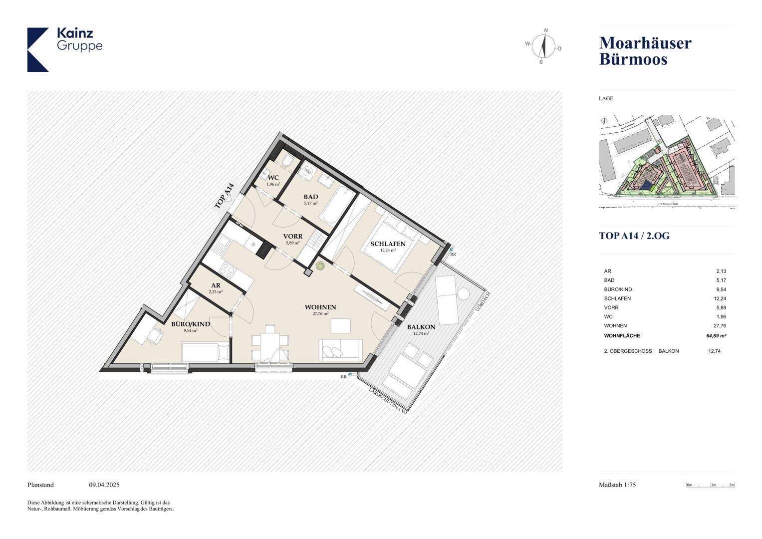 Grundriss der Wohnung TOPA14 im zweiten Obergeschoss mit Balkon und funktionaler Raumaufteilung.