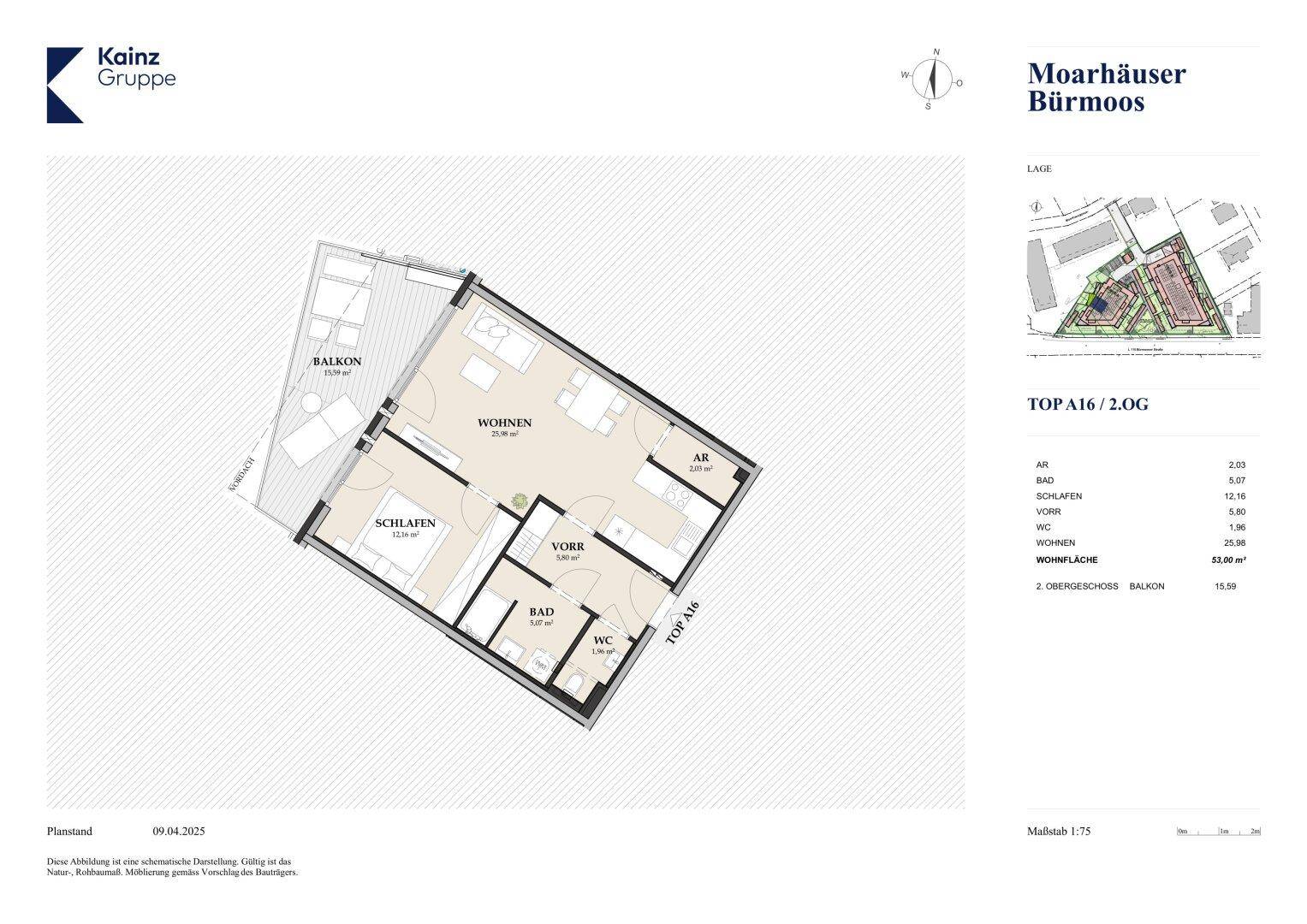 Grundriss einer Wohnung mit Schlafzimmer, Bad, separatem WC und Balkon.