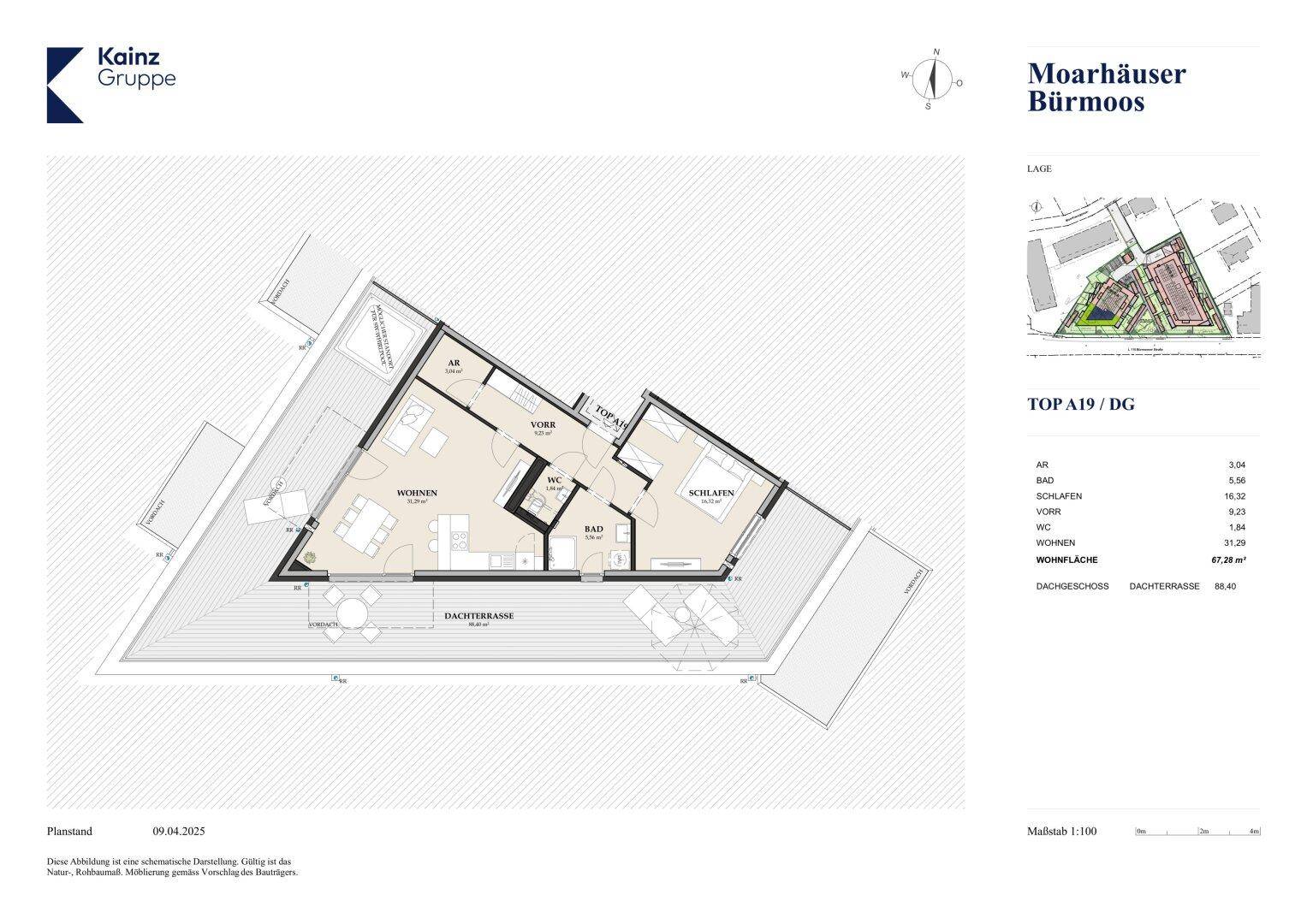 Grundriss der Dachgeschosswohnung TOP A19 mit offenem Wohnbereich und großer Dachterrasse.