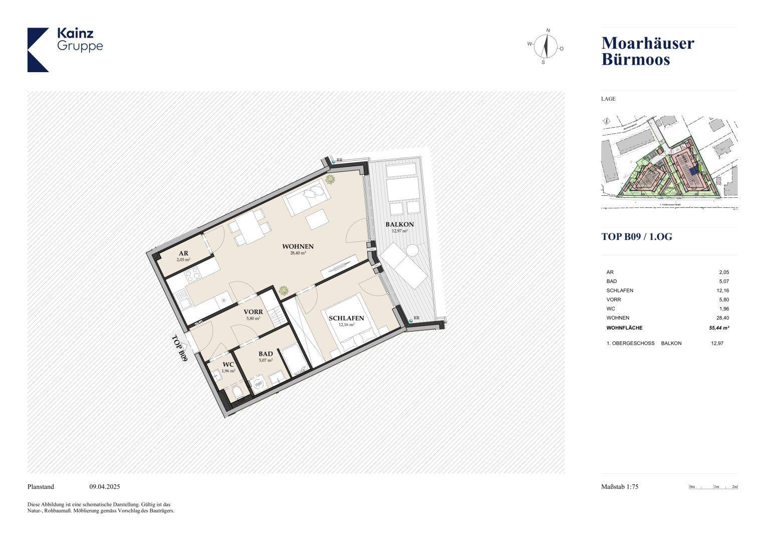 Grundriss einer Wohnung mit Wohnbereich, Schlafzimmer, Bad und Balkon.