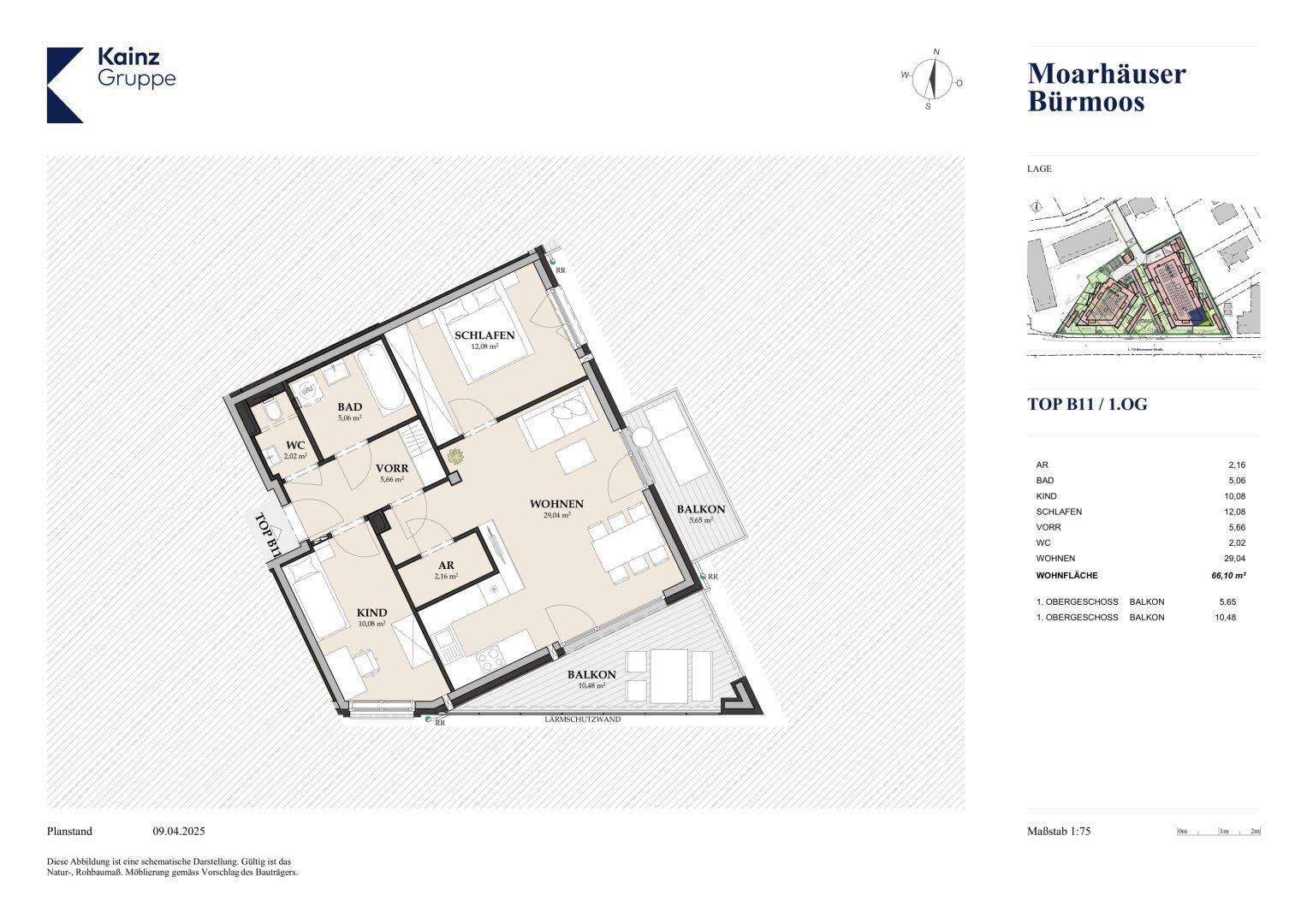 Detaillierter Grundriss einer Wohnung mit zwei Schlafzimmern, Wohnbereich und zwei Balkonen.