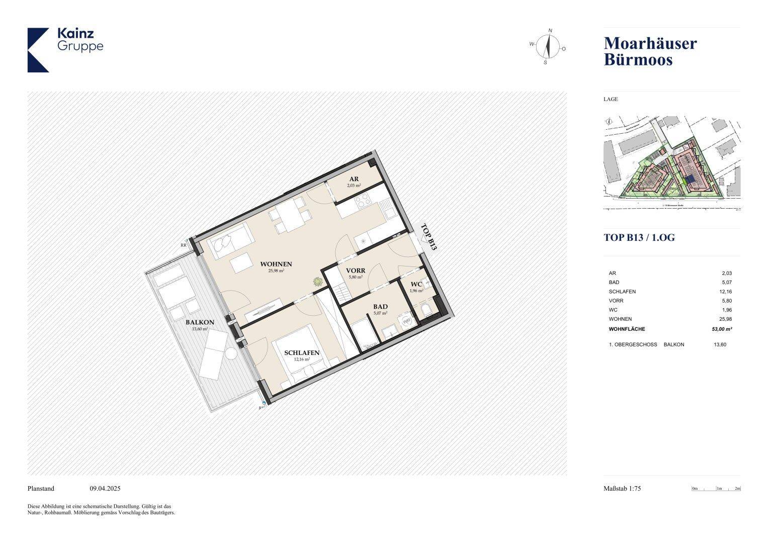 Grundriss einer Wohnung mit Wohnbereich, Schlafzimmer, Bad, WC und Balkon.