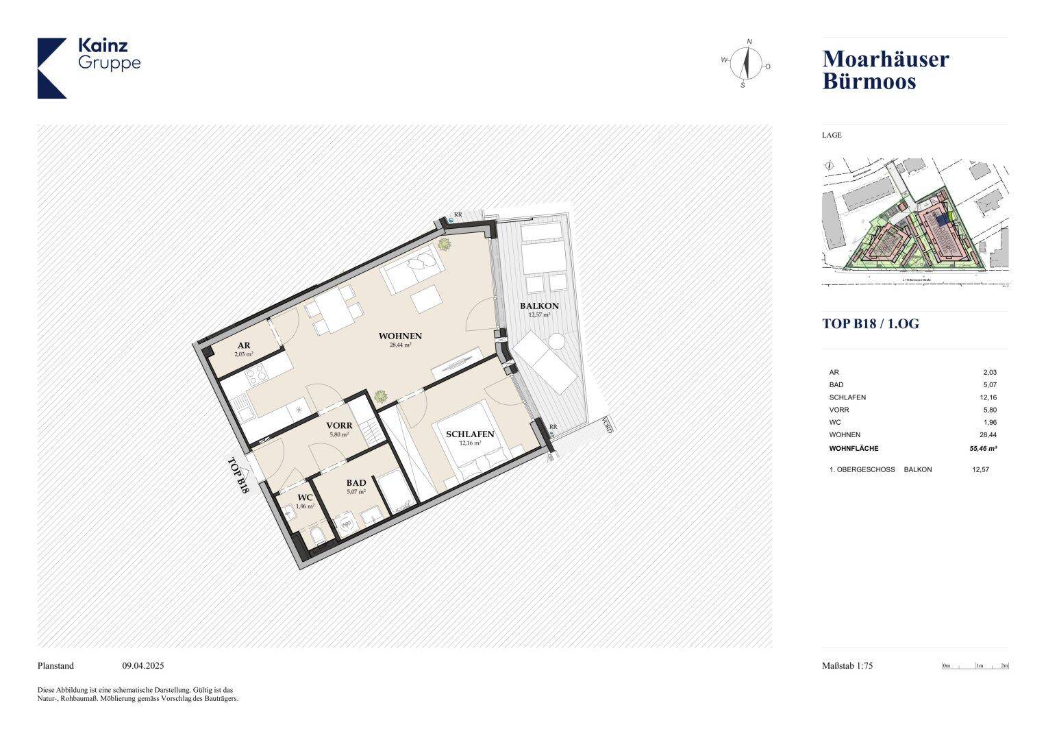 Grundriss einer Wohnung mit einem Schlafzimmer, offenem Wohnbereich und Balkonzugang.