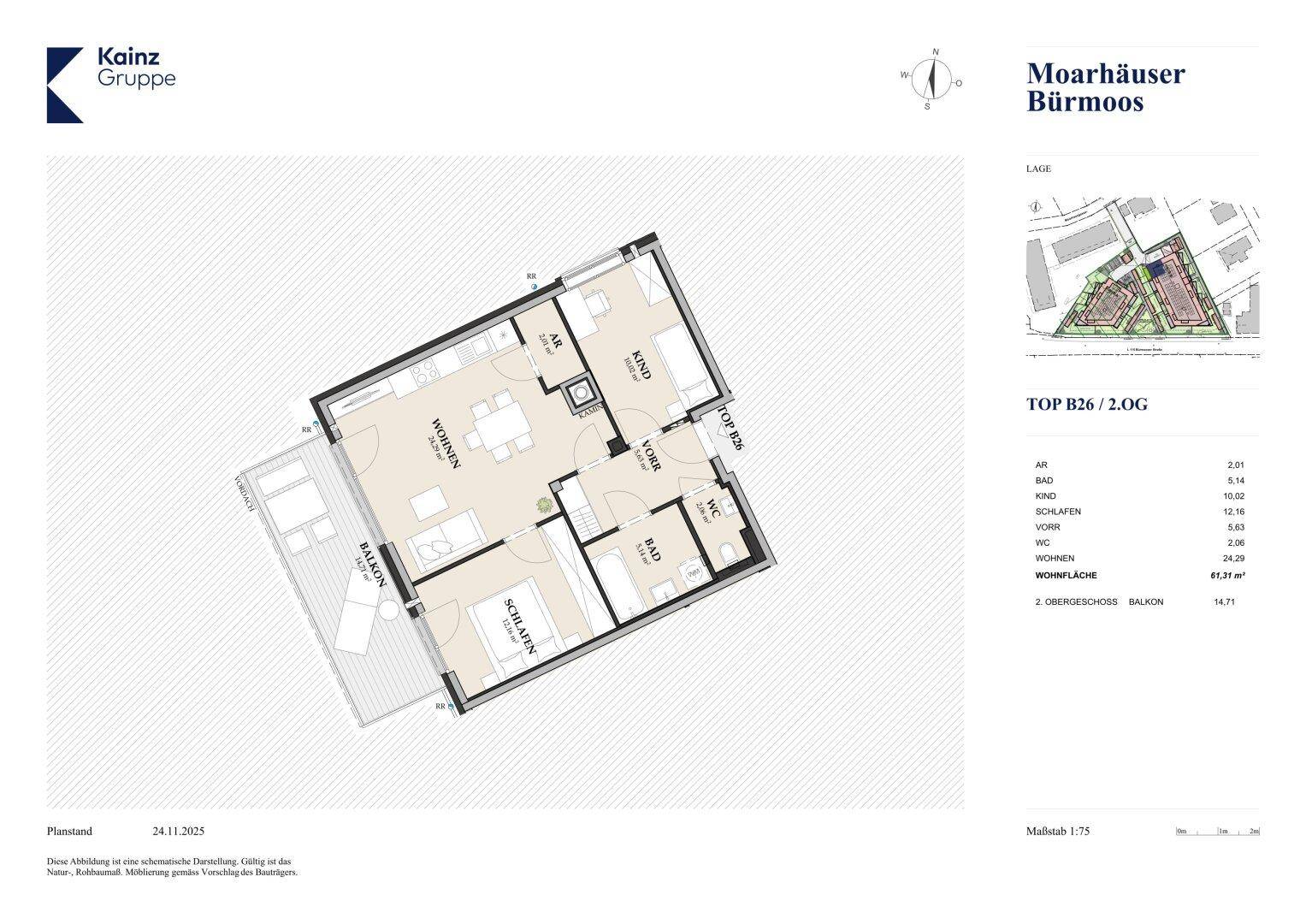 Grundriss der Wohnung TOP B26 im 2. Obergeschoss mit Balkon, offenem Wohnbereich und zwei Bädern.