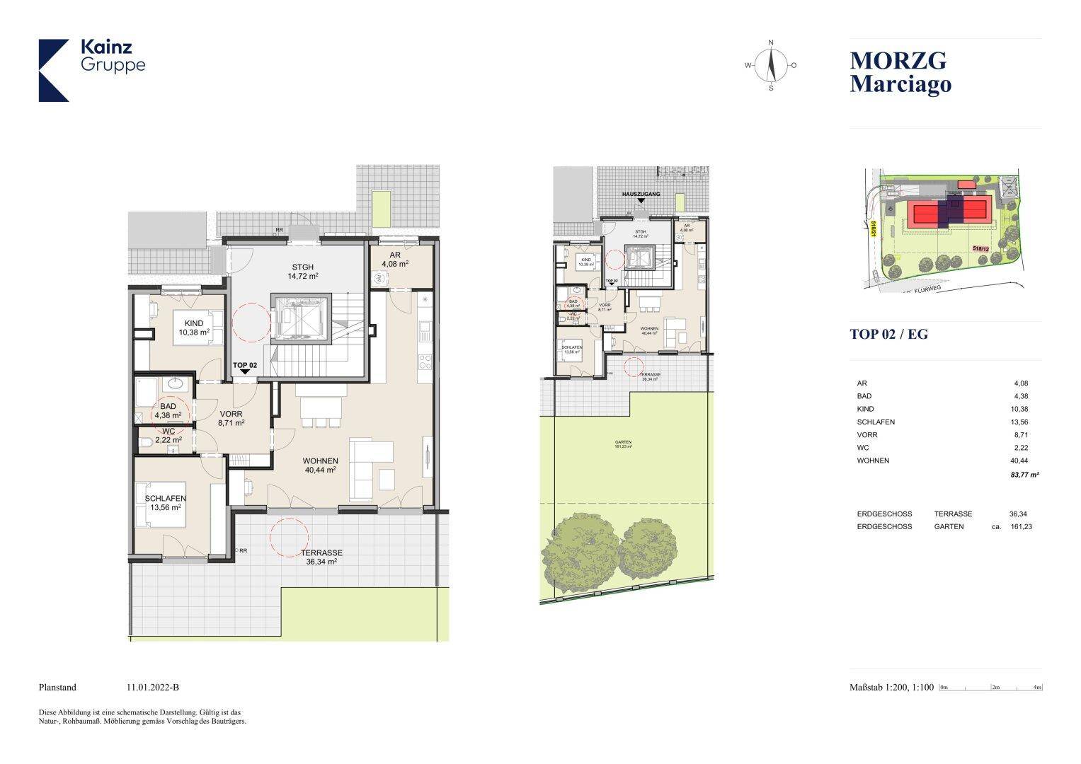 Grundriss von TOP 02 zeigt Erdgeschoss mit Wohnbereich, Schlafzimmer, Bad, WC, Terrasse und Garten.