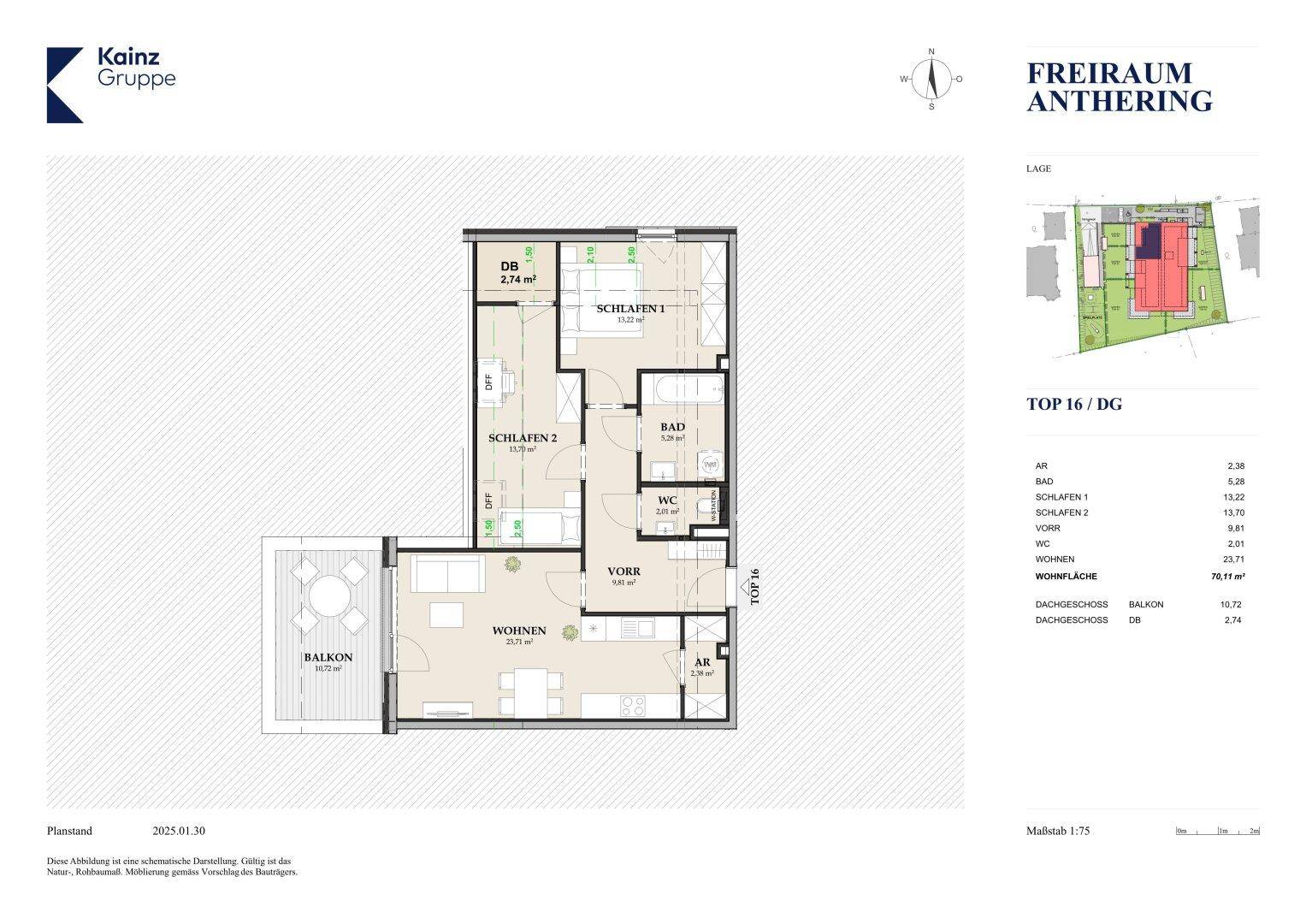 Grundriss einer Dachgeschosswohnung mit zwei Schlafzimmern, offenem Wohnbereich, Bad, separatem WC und Balkon.