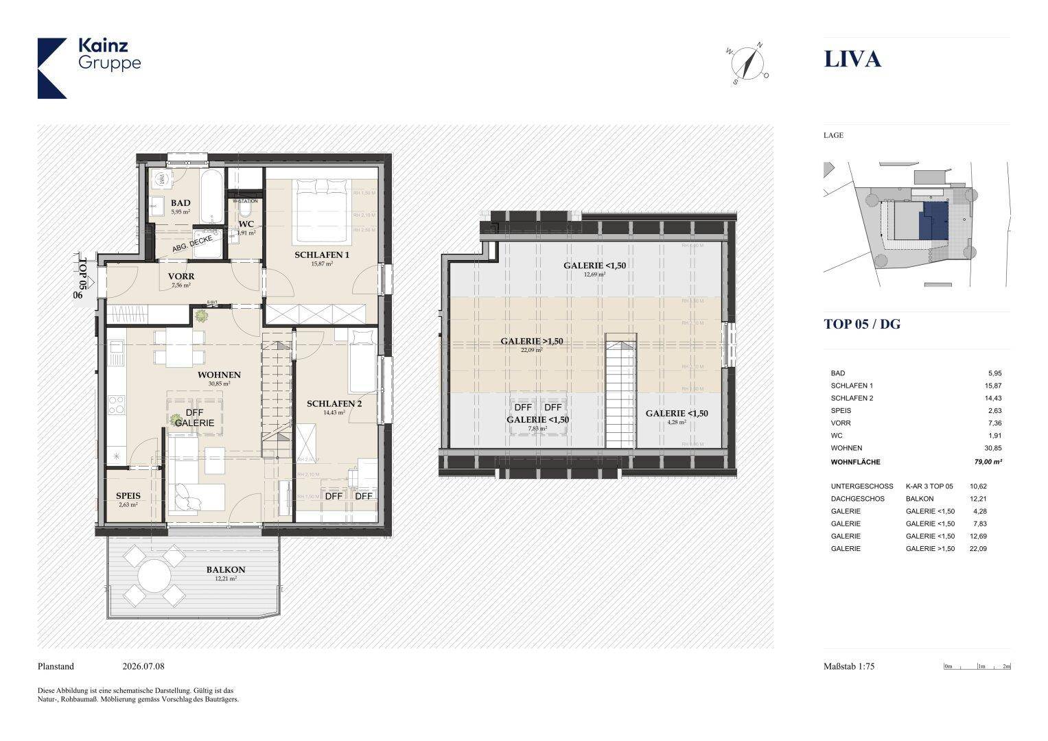 Grundriss einer Maisonette-Wohnung mit zwei Schlafzimmern, offenem Wohnbereich, Galerie und Balkon.