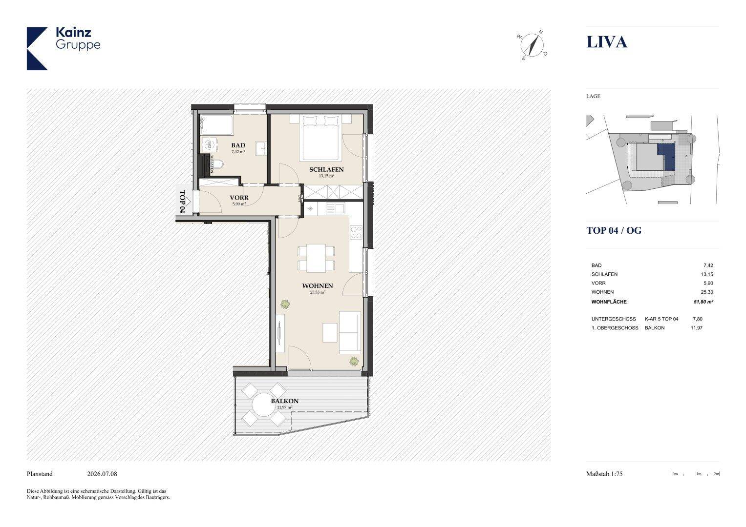 Grundriss einer Wohnung mit einem Schlafzimmer, offenem Wohnbereich und Balkon.