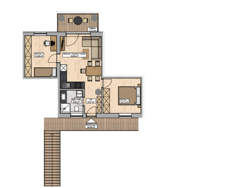 Grundriss einer Wohnung mit offenem Wohn-Essbereich, zwei Schlafzimmern und Balkon.