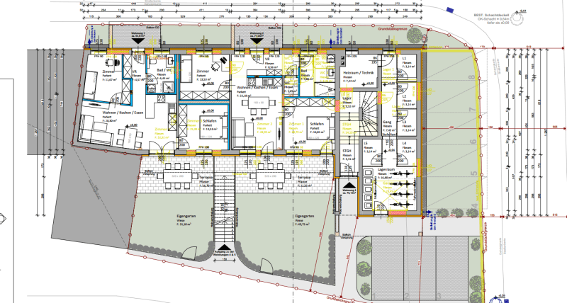 Detaillierter Grundriss des Erdgeschosses mit Wohnungen, Terrassen und Gärten.
