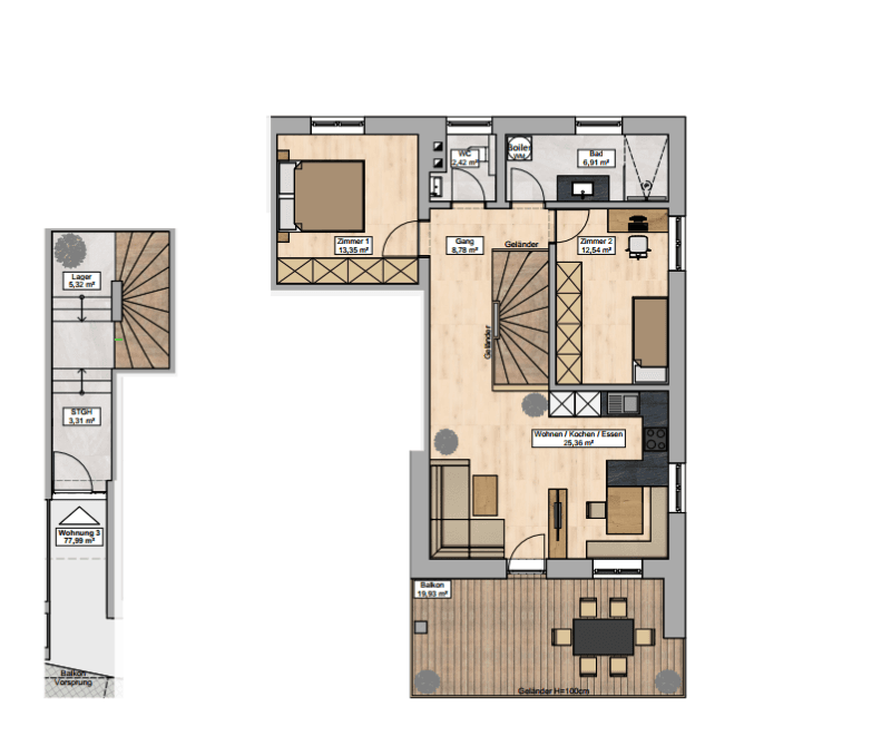 Grundriss einer Maisonette-Wohnung mit offenem Wohnbereich, zwei Schlafzimmern und Balkon.