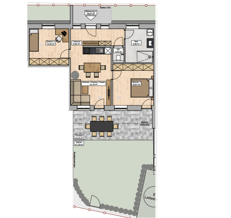Grundriss einer Wohnung im Obergeschoss mit offenem Wohnbereich, Schlafzimmer und großem Garten.