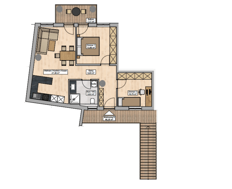 Grundriss einer Wohneinheit im Obergeschoss mit offenem Wohnbereich, zwei Schlafzimmern und Balkon.
