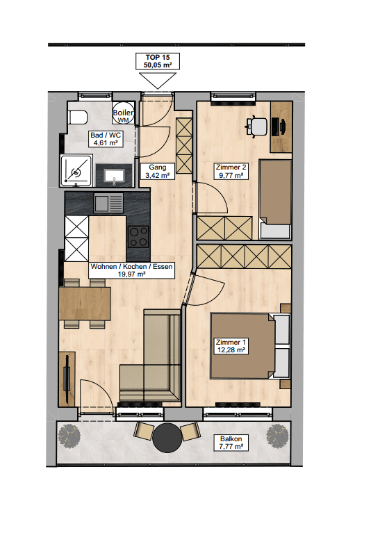 Grundriss der Wohnung mit Wohn-/Koch-/Essbereich, zwei Zimmern und Balkon.