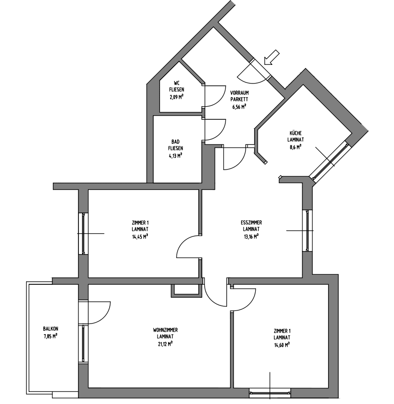 Grundriss der Wohnung mit Balkon, Küche, Bad und mehreren Zimmern.