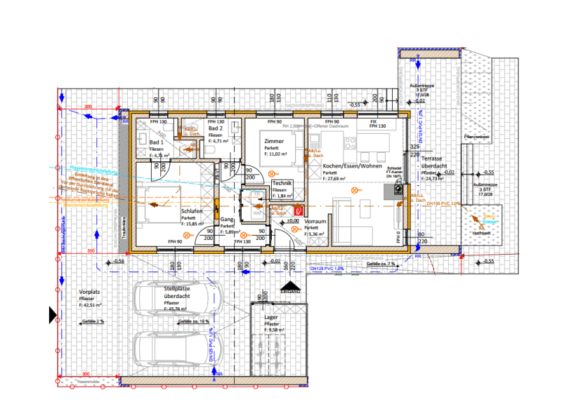 Detaillierter Grundriss des Erdgeschosses mit Wohn-, Ess- und Schlafbereichen sowie Terrasse.