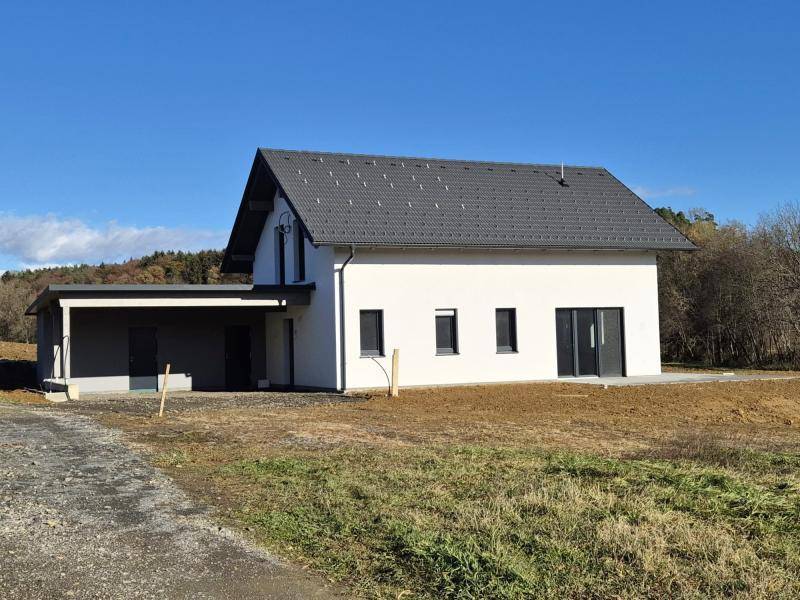 Fertiggestelltes Einfamilienhaus mit weißer Fassade, dunklem Dach und Carport.