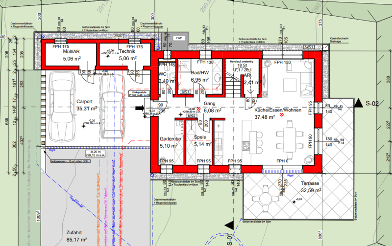 Grundriss des Erdgeschosses mit offener Küche, Wohnbereich, Carport und Terrasse.