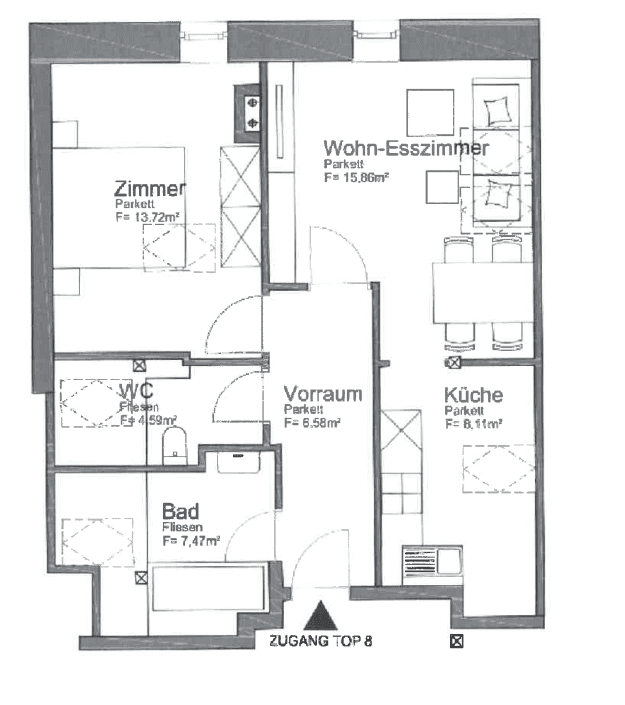Grundriss der Wohnung mit Wohn-Esszimmer, Küche, Schlafzimmer, Bad und separatem WC.