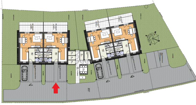 Grundrissplan der Erdgeschosse mit Parkplätzen und Außenbereichen für die Wohneinheiten.