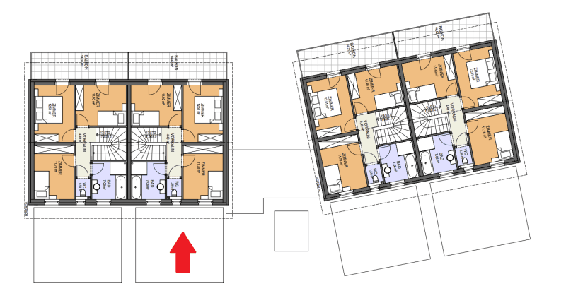Grundrissplan der Obergeschosse mit Schlafzimmern und Bädern für die Wohneinheiten.
