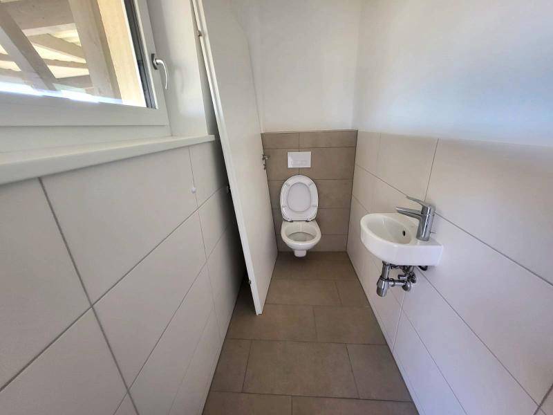 Gäste-WC mit Fenster, Wand-WC und kleinem Waschbecken, hell und funktional.