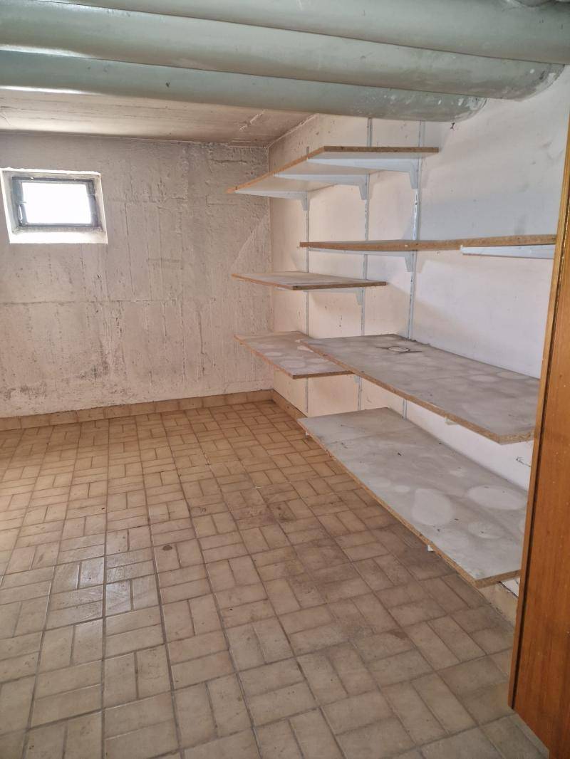 Kellerraum mit praktischen Regalen, Fliesenboden und einem kleinen Fenster für zusätzliche Lagerung.