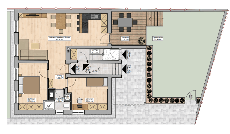 Grundriss des Erdgeschosses mit offenem Wohn- und Essbereich, Terrasse und privatem Garten.