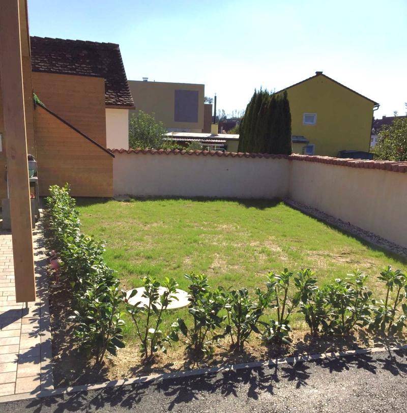Kleiner, ummauerter Gartenbereich mit junger Hecke und Blick auf die umliegenden Wohnhäuser.