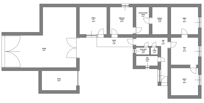 Detaillierter Grundriss mit mehreren Zimmern, Balkon, Garage und Schuppen, inklusive Flächenangaben.