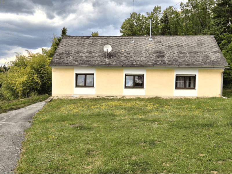 Seitenansicht eines gelb verputzten Hauses mit braunen Fenstern und einem Satteldach.