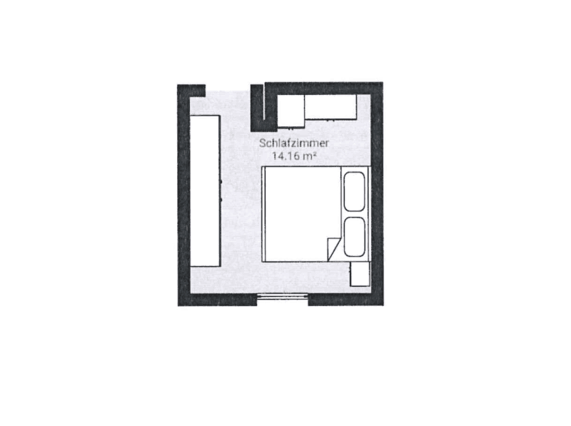 Detailansicht des Schlafzimmer-Grundrisses mit Bett und Schrank.