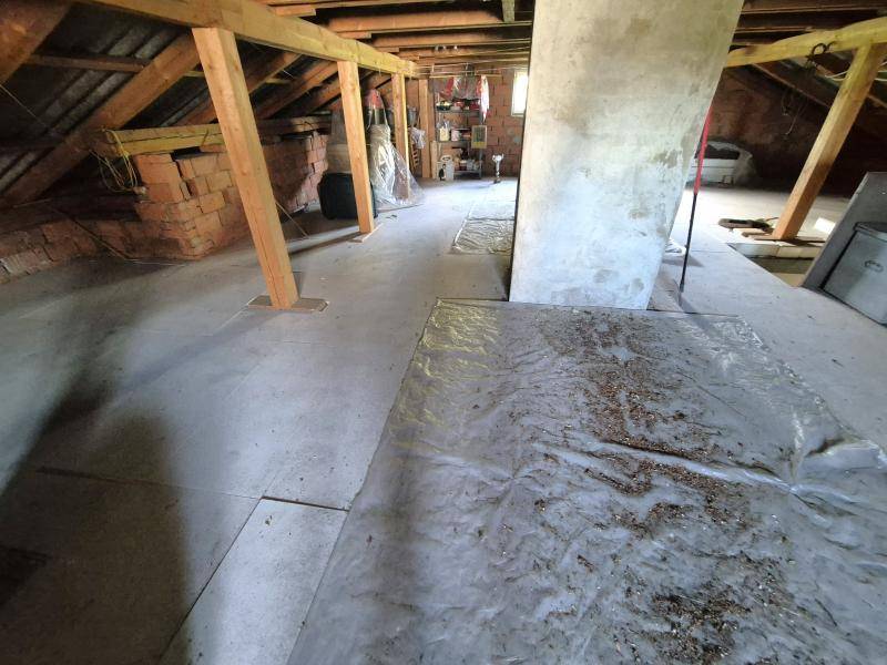 Unausgebauter Dachboden mit sichtbaren Holzbalken, bietet Potenzial für zukünftigen Ausbau.