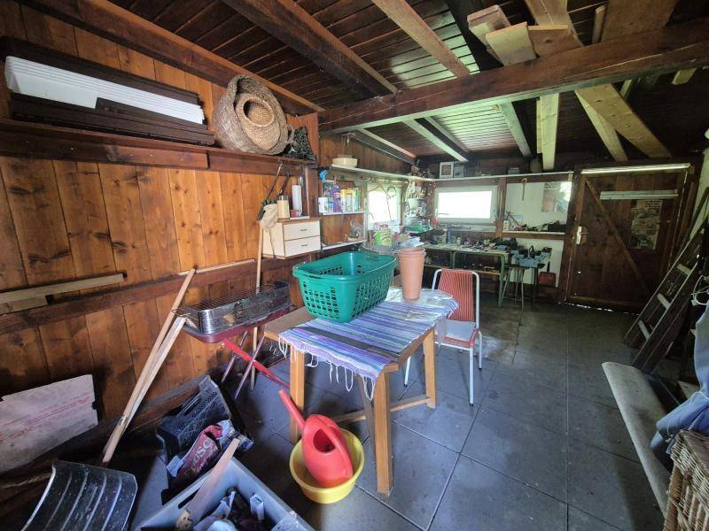 Innenansicht eines Holzschuppens, eingerichtet als Werkstatt mit Holzwänden und -decke.