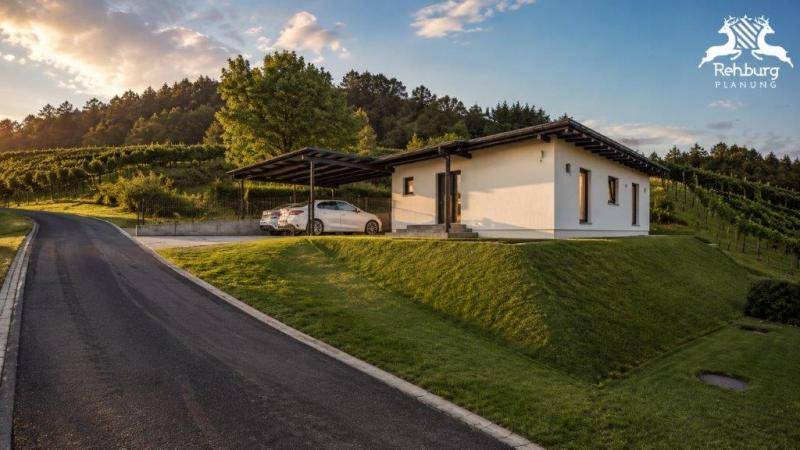 Modernes Einfamilienhaus mit Carport und Zufahrt, eingebettet in eine malerische Weinbergslandschaft.