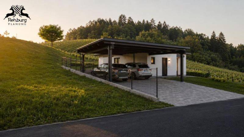 Weißes Einfamilienhaus mit einem Doppelcarport und gepflasterter Zufahrt in ländlicher Umgebung.