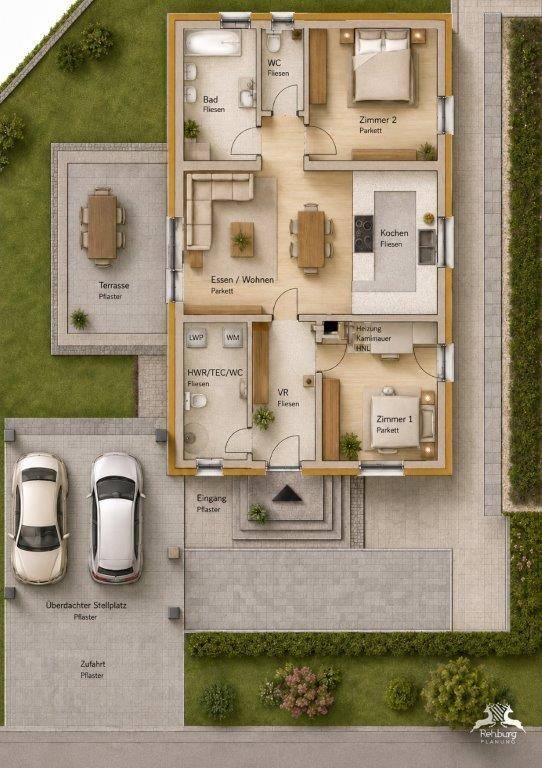 Detaillierter Grundriss eines Hauses mit offenem Wohnbereich, zwei Schlafzimmern, Terrasse und Carport.