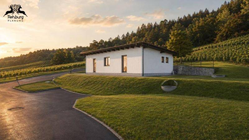 Rückansicht des modernen Hauses mit weißer Fassade, umgeben von grünen Weinbergen unter einem warmen Abendhimmel.