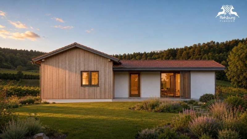 Ansicht des modernen Hauses mit Holzverkleidung, großen Fenstern und gepflegtem Garten in ländlicher Umgebung.