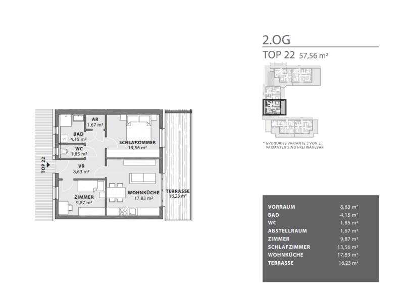 Grundriss einer Wohnung im 2. Obergeschoss mit zwei Schlafzimmern, Wohnküche und großer Terrasse.
