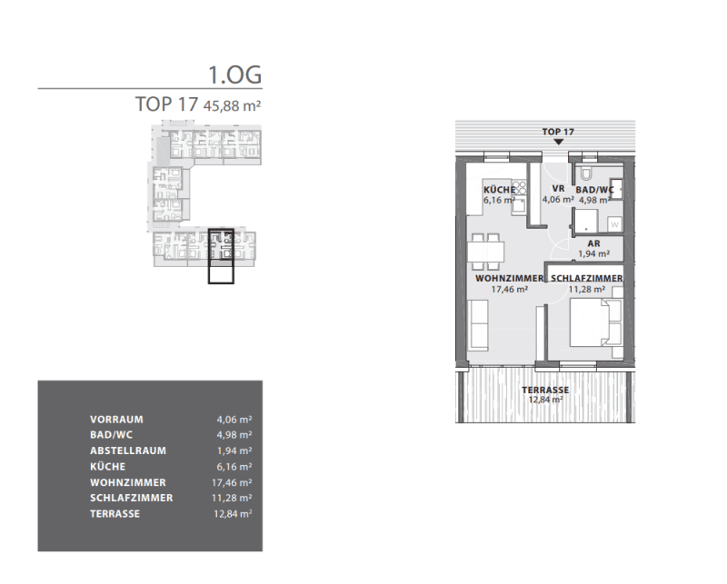 Grundriss der Wohnung TOP 17 mit Wohnzimmer, Schlafzimmer, Küche und Terrasse.