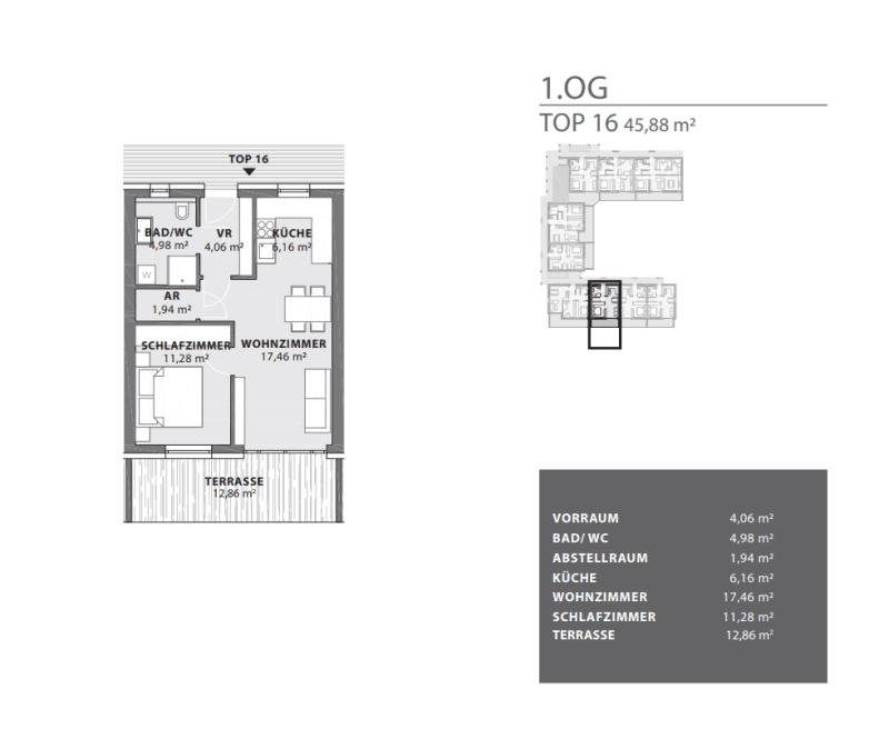 Grundriss der Wohnung TOP 16 mit Schlafzimmer, Wohnzimmer, Küche und einer großzügigen Terrasse.
