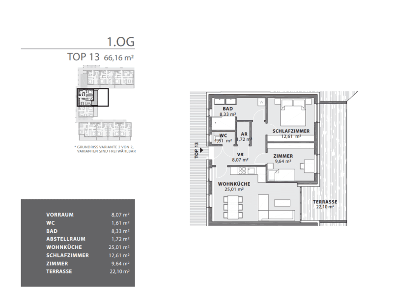 Grundriss der Wohnung Top 13 im ersten Obergeschoss mit Terrasse und offenem Wohnbereich.