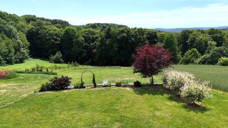 Gepflegter Gartenbereich mit Rasenfläche und verschiedenen Bäumen, umgeben von grüner Natur.