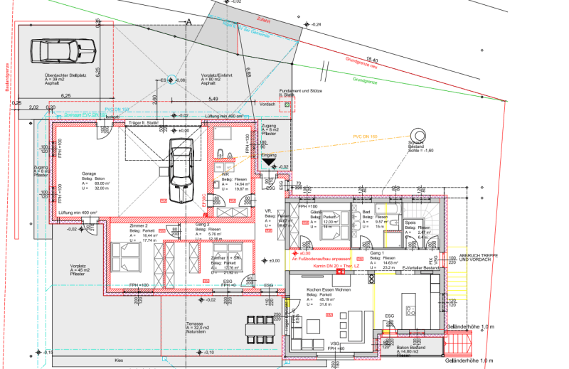 Detaillierter Grundriss eines Hauses mit Garage, Wohnbereich und mehreren Zimmern.